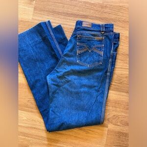 Vintage 70s Zeppelin Flare Jeans 38x37 Rise 11 Dark Wash Orange Stitching Groovy